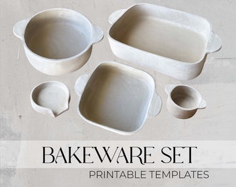 May include: A set of five white ceramic baking dishes with handles. The dishes are in different sizes and shapes, including a round dish, a square dish, and a rectangular dish. The dishes are arranged on a light gray background.  BAKEWARE SET PRINTABLE TEMPLATES