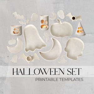 May include: Printable Halloween templates for crafting. The set includes a ghost, pumpkin, bat, skull, witch hat, and moon shapes.