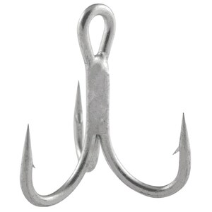 May include: A close-up of a silver-colored treble fishing hook. The hook has three sharp points and a loop at the top for attaching to a fishing line. The hook is designed to catch fish.
