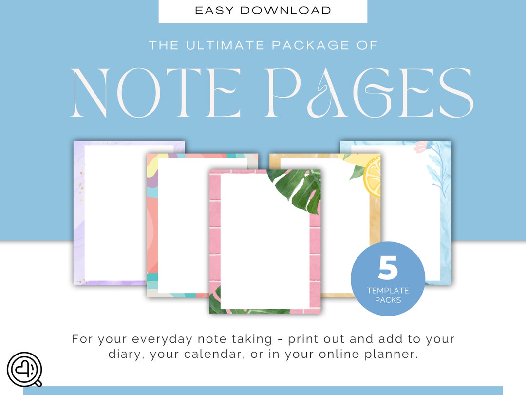 Colourful Note Pages Set Unlined Note Paper PDF Files Online Note Pad Set Printable & High
