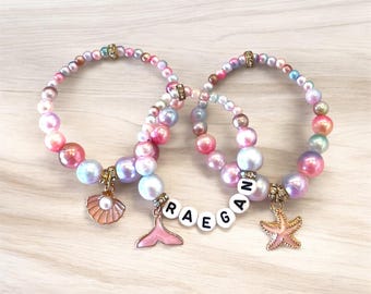Custom Mermaid Name Bracelet: Pink Pearl Bead Bracelet, Party Favor