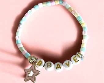 Girls Brave Bracelet Rainbow Bead Pink Star Charm Confidence Bracelet