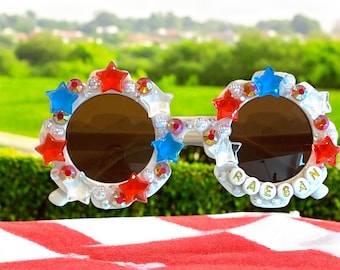 Kids Girls 4th of July Personalized Sunglasses Red White & Blue Girls Star Sunnies