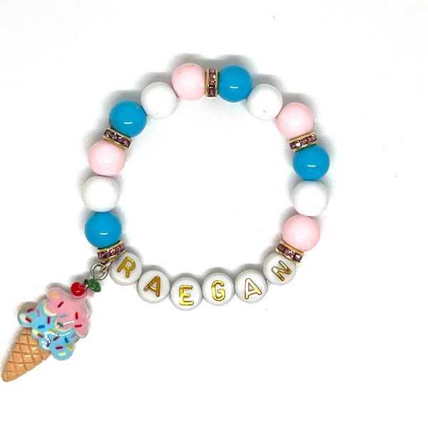 Girls Ice Cream Charm Bracelet, Dessert Party Favor Bracelet, Ice Cream Party Favor, Girls Custom Name Bracelet