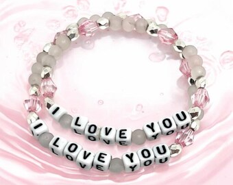Mother Daughter Matching Bracelets: Pink Stone 'I Love You' Set