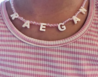 Personalized Seashell Letter Bead Necklace: Pink AB Beads, Girl's Name