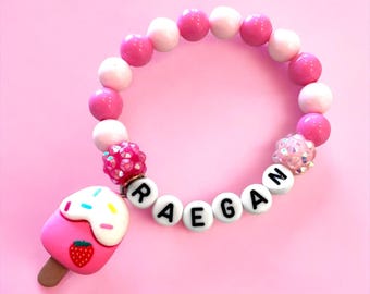 Girls Personalized Pink Popsicle Charm Bracelet Party Favor Custom Name Dessert Theme Gift