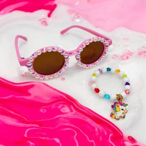 Pink Unicorn Sunglasses and Bracelet Set Rhinestone & Pearl Sunnies with Unicorn Charm Bracelet Unicorn Costume Party Favor