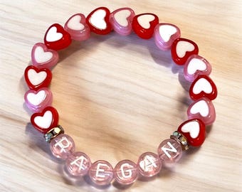 Adult or Girls Pink & Red Heart Custom Name Bracelet Personalized Mother Daughter Matching Bracelet