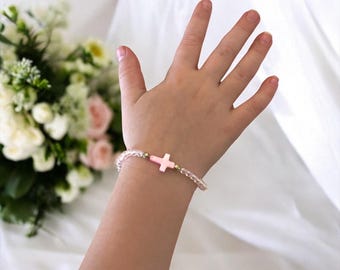 Pink Seashell Cross Bracelet: Mommy and Me Matching Baptism Gift