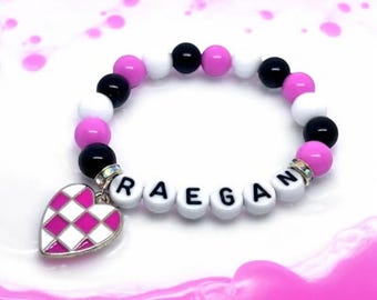 Girls Pink Black and White Bracelet, Girls Racecar Bracelet, Custom Stretchy Name Bracelet, Pink Checkered Heart Bracelet