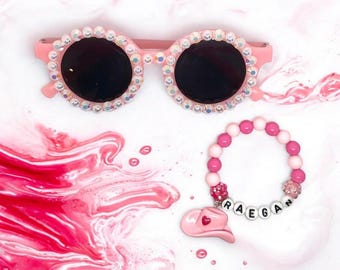 Girls Rhinestone Sunglasses & Cowboy Hat Charm Bracelet: Western Party Favor