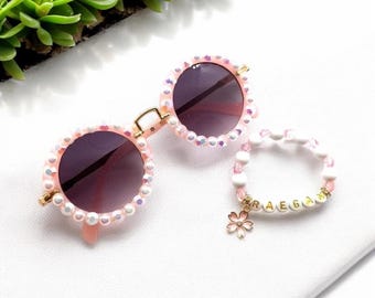 Personalized Flower Girl Gift: Pearl Bracelet & Rhinestone Sunglasses