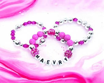 Girls Disco Ball Bracelet Stack: Custom Name, Pink & Silver