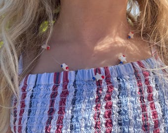 Adult or Girls 4th of July Red White Blue & Star Clear Cord Necklace