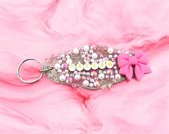 Personalized Pink Glitter Bow Keychain: Custom Name Rhinestone Charm