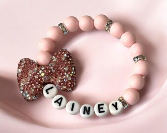 Girls Personalized Bow Name Bracelet Gift Link Rhinestone Bow Accessory