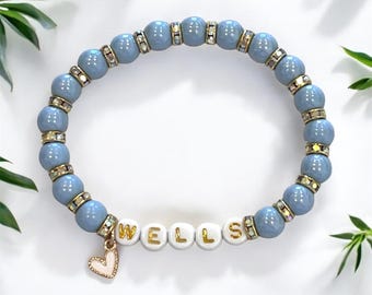 Personalized Baby Boy Bracelet: Blue Beads, Rhinestone Spacers, Heart Charm