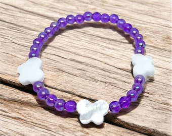 Seashell Butterfly Bracelet: Purple & Pink Beaded Stretch Bracelet