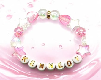 Girls Personalized Name Bracelet: Pink Star Heart Beads