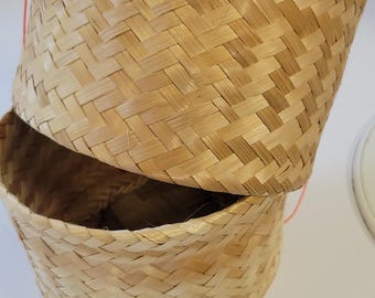 Thai Laos Hand woven craft LARGE Sticky Rice Bamboo Basket container Kratip
