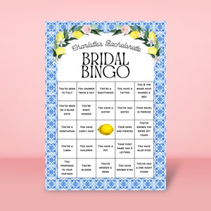50 tarjetas de bingo para despedidas de soltera, juegos para despedidas de soltera, azulejos azules mediterráneos y limón, juego sucio, descarga instantánea, Canva, ideas para despedidas de soltera