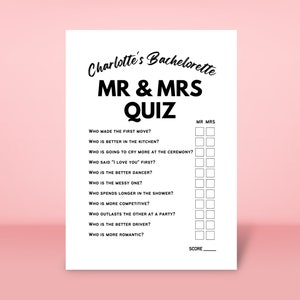 Mr and Mrs Quiz Spiel, Was hat der Bräutigam gesagt, Spiel, bedruckbar, minimalistisch, bearbeiten mit Canva, Brautparty Ideen, Hens Party Spiele