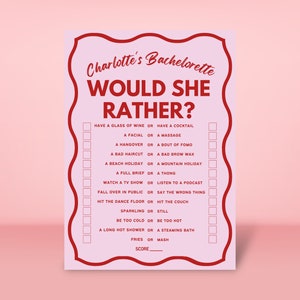 Would She Rather Game, Printable, Pink and Red, Edit with Canva, Bachelorette Party Games, Hens Party Ideas