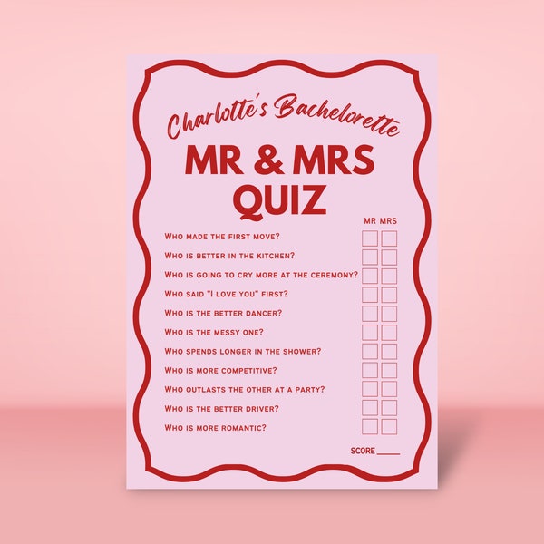 Mr and Mrs Quiz Game, What Did the Groom Say Game, Printable, Pink & Red, Edit with Canva, Bachelorette Party Games, Bridal Shower Ideas