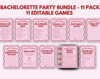 Bachelorette Party Games Bundle, Printable, Wavy Pink and Red, Edit with Canva, Bridal Shower Ideas, Hens Party Games Collection