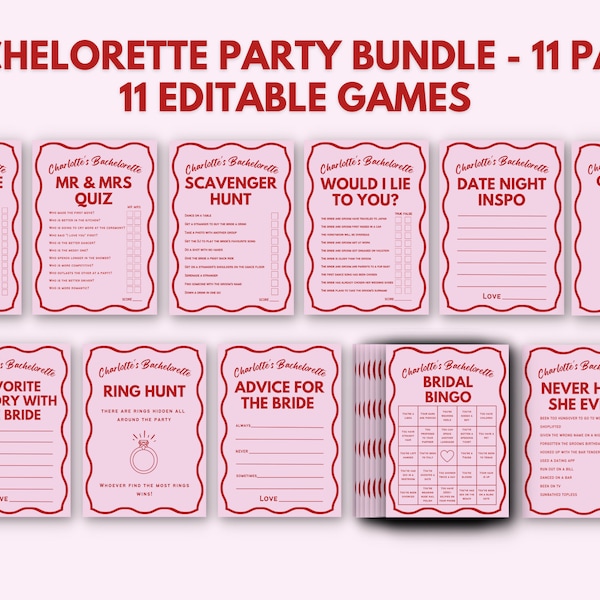 Bachelorette Party Games Bundle, Printable, Wavy Pink and Red, Edit with Canva, Bridal Shower Ideas, Hens Party Games Collection