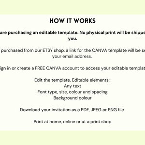 May include: How it works: A guide to purchasing and editing a digital template for invitations. The template can be customised with text, font, size, colour, and spacing. The final design can be downloaded as a PDF, JPEG, or PNG file and printed at home, online, or at a print shop.