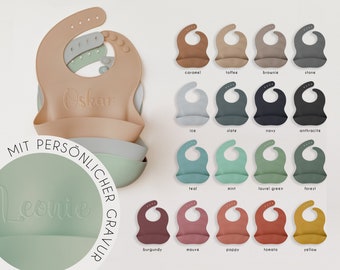 Bavaglino in silicone con personalizzazione ad incisione con tasca di raccolta per neonati e bambini, ideale come regalo per nascita, inizio pappa, compleanno