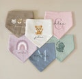 Name scarves, personalizable muslin scarves, baby and toddler triangular scarves, burp cloths, cotton bibs, gauze, picture, gift