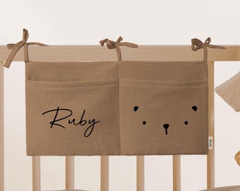 Personalized baby bed organizer made of muslin ideal as a gift for birth birthday cotton