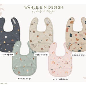 Bib coated washable wipeable with collection bag baby child recycled polyester fabric with print, gift for birth, apron