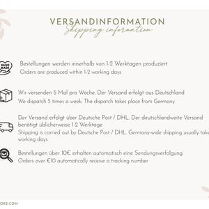 May include: Cream-colored graphic with handwritten text. The text includes "VERSANDINFORMATION" and "Shipping information". Additional text describes order production time, shipping frequency, and tracking information.