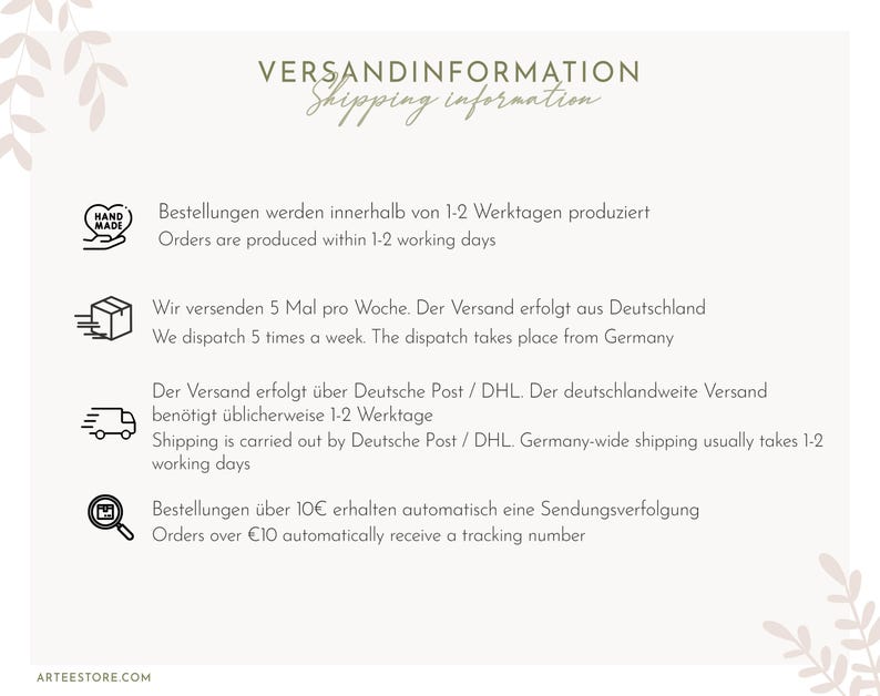 May include: Cream-colored graphic with handwritten text. The text includes "VERSANDINFORMATION" and "Shipping information". Additional text describes order production time, shipping frequency, and tracking information.