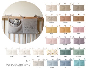 Muslin baby bed organizer with personalization pockets storage made of muslin