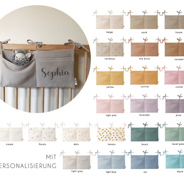 Musselin Babybett Organizer mit Personalisation Taschen Aufbewahrung aus Musselin