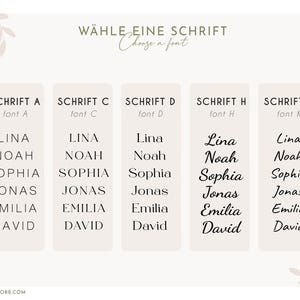 May include: A graphic showing font choices for custom text. The text "W&Auml;HLE EINE SCHRIFT" and "Choose a font" are at the top. Five columns display example names in fonts A, C, D, H, and K. Names include Lina, Noah, Sophia, Jonas, Emilia, and David.