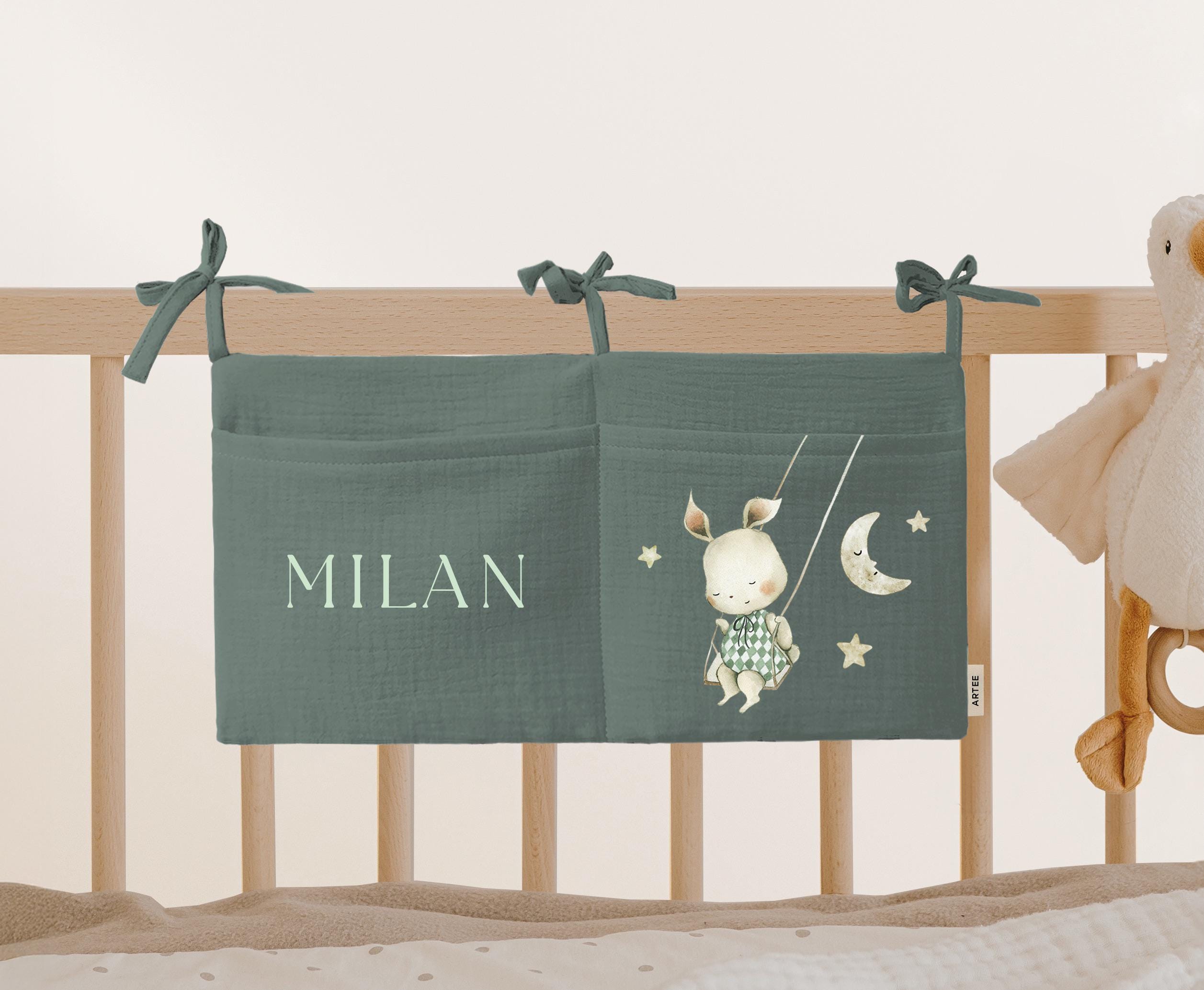 Personalized baby bed organizer made of muslin ideal as a gift for birth birthday cotton