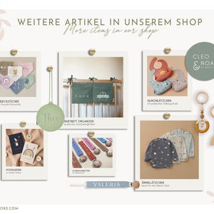 May include: An assortment of baby items, such as bibs, wooden toys, and clothing, presented on a white backdrop. The image showcases diverse products like bibs, baby clothes, and wooden toys. Text includes "More items in our shop" and product names.
