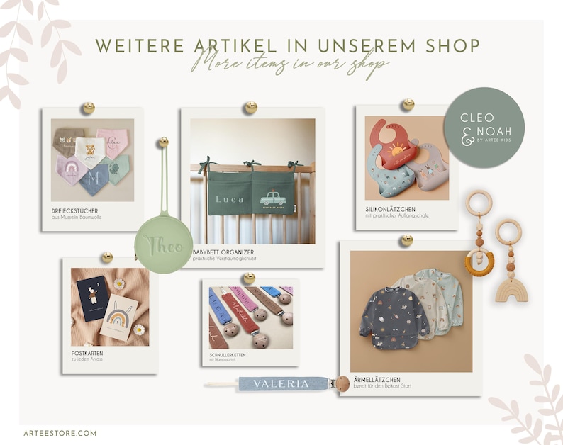 May include: An assortment of baby items, such as bibs, wooden toys, and clothing, presented on a white backdrop. The image showcases diverse products like bibs, baby clothes, and wooden toys. Text includes "More items in our shop" and product names.
