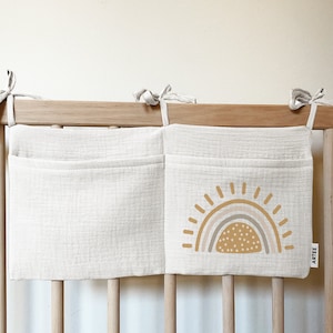Personalized baby bed or cot organizer made of muslin ideal as a gift for birth baptism birthday cotton