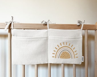 Personalized baby bed or cot organizer made of muslin ideal as a gift for birth baptism birthday cotton