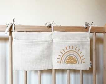 Personalized baby bed or cot organizer made of muslin ideal as a gift for a birth, baptism, birthday, cotton