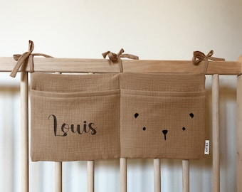 Personalized baby bed organizer made of muslin ideal as a gift for birth birthday cotton