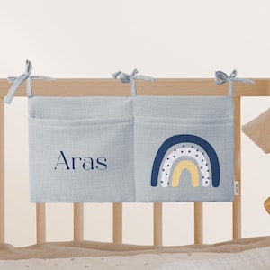 Organizador de cuna de bebé personalizado fabricado en muselina ideal como regalo para nacimiento cumpleaños algodón