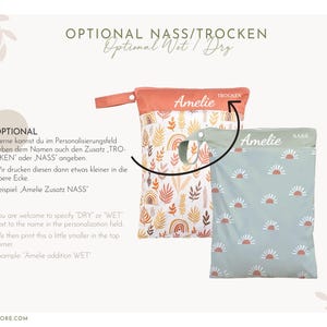 May include: Two reusable wet/dry bags. One bag is peach with a rainbow and leaf pattern, the other is mint green with a sunburst pattern. Both bags have a name printed on them, and the text "Optional Nass/Trocken" is at the top.